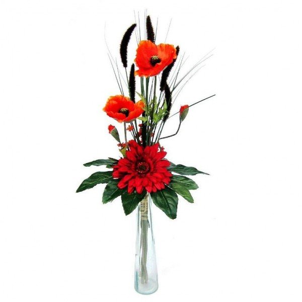 gemaakt in leuke glazen fles.De gebruikte zijden bloemen