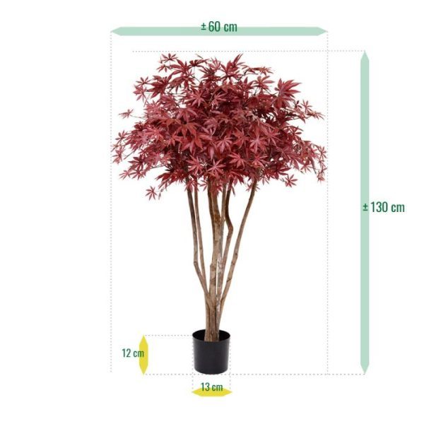 dat het lijkt alsof hij zo uit een Japanse tuin komt. De kunstboom is gemaakt op een robuuste stam van echt hout waarop de 3 bladkronen gemonteerd zijn en is bijzonder goed gevuld. Het blad is natuurgetrouw nagemaakt van de echte Acer in een prachtige diep rode kleur. Deze semi kunstboom is ongeveer 130 cm hoog