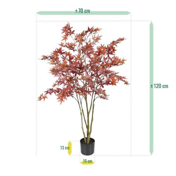 Acer-kunstboom-120-cm-burgundy-3 in uw horecazaak of waar dan ook! De buigzame en sterke constructie van de kunstof takken maakt deze kunst Acer plant flexibel en makkelijk te modelleren. Dat maakt de kunst Acer ook perfect te gebruiken in de horeca of bij beurzen en andere evenementen. Deze Acer plant is er in verschillende hoogtes en tevens in de kleur groen. De kunstplant wordt standaard geleverd met plastic pot en vaste vulling