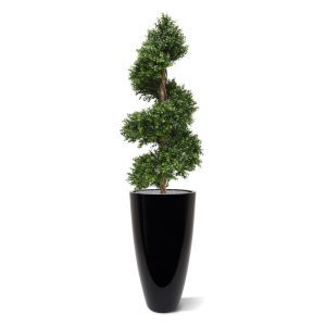 Deze kunst Buxus Spiraal Deluxe 140 cm is gemaakt van een hoogwaardig pvc. Daardoor kunt u deze UV kunstboom zowel binnen als buiten een mooie plek geven. De vernieuwde versie is met name door zijn kleur en nieuwe blaadjes bijna niet meer van de echte Buxus te onderscheiden en bijzonder decoratief! De kunst Spiraalboom is ongeveer 140 cm hoog en heeft een breedte van ongeveer 50 cm. Deze natuurgetrouw nagemaakte kunstboom wordt standaard geleverd in een plastic binnenpot. Omdat de UV-protector enkel in de grondstof van de kunststof delen is verwerkt