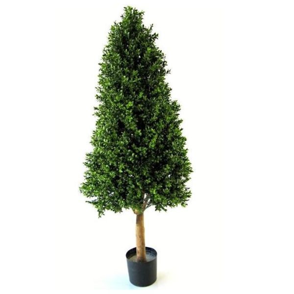 Buxus-Tower-kunstboom-145-cm-6 en heeft onderaan een diameter van ± 55 cm.   De kunstbuksus wordt standaard geleverd in een plastic pot.