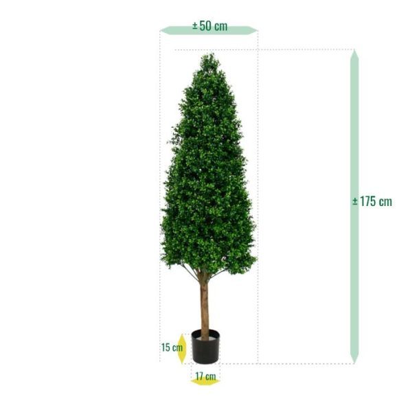 Buxus-Tower-kunstboom-170-cm-UV-4 en meet onderaan een diameter van ongeveer 55 cm. De kunstbuxus wordt standaard geleverd in een plastic pot. Omdat de UV-protector enkel in de grondstof van de kunststof delen is verwerkt