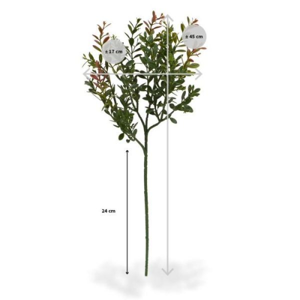 Deze groen-rode Buxus kunsttak 45 cm dient als basis product voor vele mogelijkheden en uitvoeringen. Standaard wordt deze kunsttak geleverd zonder pot