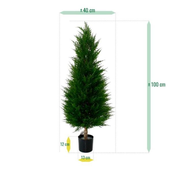 Dit extra volle model kunst Conifeer heeft een totale hoogte van circa 100cm en een mooi tradiotioneel model. De diameter onder aan de stam meet circa ±35-40cm. Dit vernieuwde model kunst conifeer (ook wel Thuja genoemd) is qua structuur extra dicht waardoor de conifeer er heel natuurlijk uit ziet.   De Conifeer kunstboom wordt geleverd in een plastic binnenpot