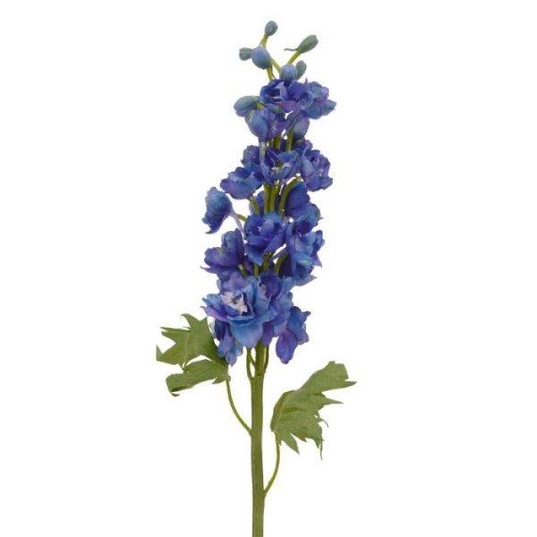 fluweel zacht aan. De totale lengte van de kunsttak is ongeveer 60 cm. De breedte van de bloemen tezamen is ongeveer 8 cm. De Delphinium kunsttak is te verkrijgen in de kleuren creme en blauw. Vanaf 12 stuks geldt een voordeel prijs.
