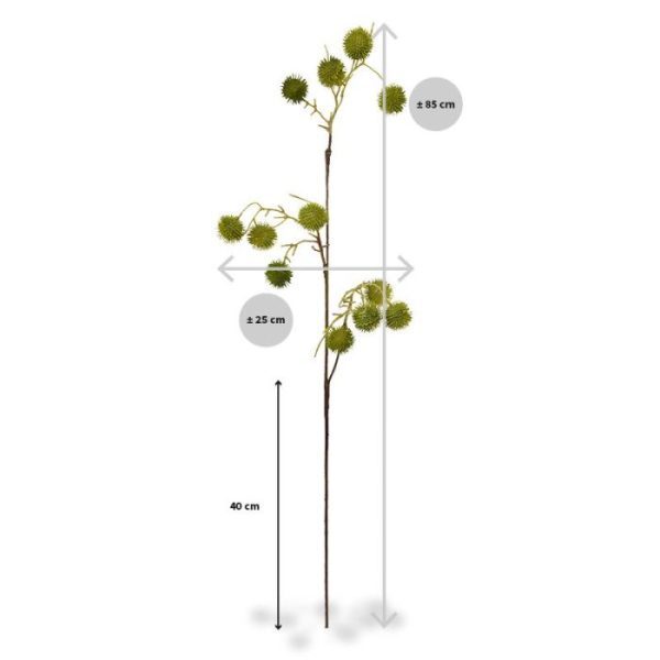 Kunstbloemen groene Distel kunsttak is een kopie van de echte Distel tak. De kunsttak is opgebouwd uit een steel met veel zijtakken en 12 perfect nagemaakte distel bollen