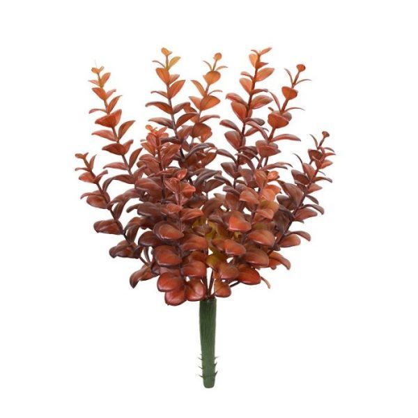 Eucalyptus-kunstboeket-30-cm-burgundy-3 ongeveer 33 cm en de breedte is ongeveer 25 cm. In deze versie wordt het kunstplantje geleverd zonder pot zodat deze eenvoudig in een arrangement is bij te steken.