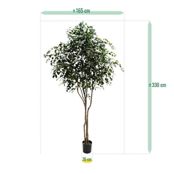Ficus-Exotica-kunstboom-330-cm-3 maar door het nagenoeg geringe onderhoud niet de lasten! Deze prachtige en goed gevulde kunstboom heeft een stevige basis van drie levensechte en gedetaileerd nagemaakte ranke stammen die naar boven toe speels vertakken. Van daaruit groeien de karakteristiek gewelfde en diepgroene bladeren van deze exotische Ficus soort. Doordat er in de takken een buigzame constructie zit