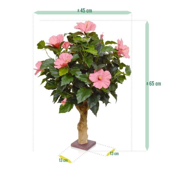 Hibiscus-kunstplant-65-cm-op-voet-cerise-3 is het een schitterende bloeiende decoratie! De plant wordt op een houten voet geleverd.