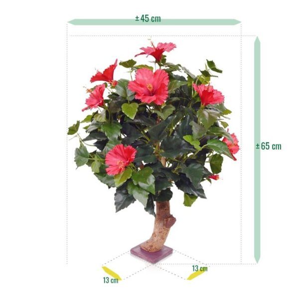Hibiscus-kunstplant-65-cm-op-voet-rood-3 is het een schitterende bloeiende decoratie! De hoogwaardige kunstzijden Hibiscus bloemen hebben roodkleurige bloemen met een delicaat geel hart en hebben allemaal diverse afmeting