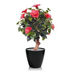 Deze fleurige Hibiscus kunstplant 65 cm op voet rood is een jaren populair onder de bloeiende planten
