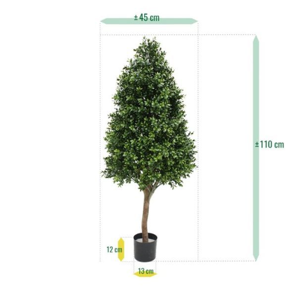 Kunst-Buxus-Tower-110-cm-UV-3 zullen deze gedurende 8 jaar lang beschermt zijn tegen verkleuren. Let op! De stam is van echt hout en dus vatbaar voor weersinvloeden en zwammen. Voor een langere levensduur raden wij aan om de stam te behandelen met een primer of beits.