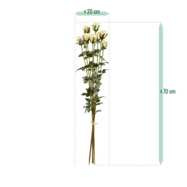Bent u ook zo dol op de bloem der liefde? Wij dus ook en daarom hebben we al onze passie gestopt in deze kunst rozenbundel van acht cremekleurige rozentakken. Wij vinden ze zelfs zo goed gelukt dat we ze eigenlijk wel zelf hadden willen houden. Zorgt u dan wel goed voor ze?
