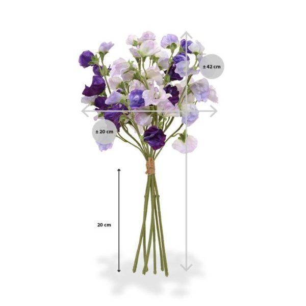 Kunstbloemen al lijkt dit kunstboeket bijzonder veel op de echte Lathyrus bloemen. Dit kunstboeket telt 6 samengebonden stelen en wel 60 bloemen in 3 kleurvariaties; van licht roze tot donker paars. De stelen voelen zijdezacht aan en zijn bijeen gebonden met raffia. De hoogte van het boeket is ongeveer 42 cm