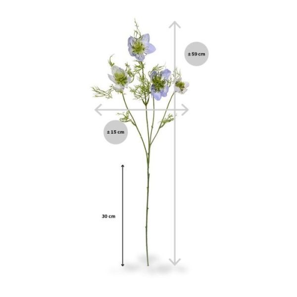 Kunstbloemen blauw-crème Nigella bloemen en voorzien van grasachtige bladeren. De kunst Nigella tak wordt standaard als losse steel geleverd en mag natuurlijk in geen enkel kunstzijden veldboeket ontbreken! De totale steel heeft een lengte van ongeveer 59 cm en een breedte van ongeveer 15 cm en is verkrijgbaar in blauw en crème. Vanaf 12 stuks profiteert u van een korting op de prijs.