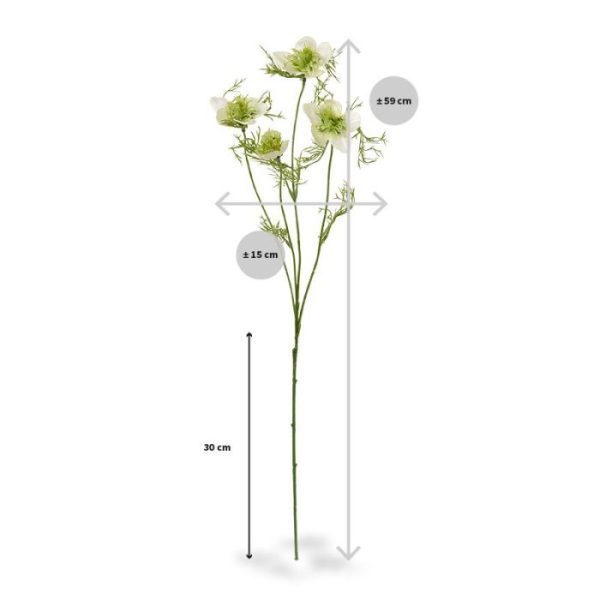 crème-kleurige Nigella bloemen en voorzien van grasachtige bladeren. De kunst Nigella tak wordt standaard als losse steel geleverd en mag natuurlijk in geen enkel kunstzijden veldboeket ontbreken! De steel heeft een totale lengte van ongeveer 59 cm en een breedte van ongeveer 15 cm en is verkrijgbaar in blauw en crème. Vanaf 12 stuks profiteert u van een korting op de prijs.