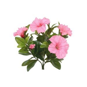 Dit Petunia boeket in deze kleur is perfect te gebruiken als onderdeel van een boeket of om plantenbakken mee op te steken. Door de praktische opbouw kunt u eindeloos variëren. Gaat u voor een boeket in een vaas op tafel of een overdadige bloemenzee in een enorme plantenbak als afscheiding? Het boeket bestaat uit zes takken met ieder minimaal 13 blaadjes en kunstzijde bloemen die niet van echt te onderscheiden zijn. Zo kunt u de nerven van de bladeren en de delicaat geweven bloemblaadjes zien en zelfs voelen. Dit Petunia boeket is ongeveer 23 cm hoog (inclusief steel) en wordt standaard als los boeket geleverd en is ook verkrijgbaar in de kleuren paars en crème en ook in een kweekpotje of als hangplant en guirlande. Het boeket heeft een speciaal tarief vanaf 6 stuks.