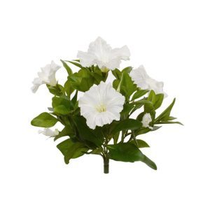 Dit Petunia boeket in deze kleur is perfect te gebruiken als onderdeel van een boeket of om plantenbakken mee op te steken. Door de praktische opbouw kunt u eindeloos variëren. Gaat u voor een boeket in een vaas op tafel of een overdadige bloemenzee in een enorme plantenbak als afscheiding? Het boeket bestaat uit zes takken met ieder minimaal 13 blaadjes en kunstzijde bloemen die niet van echt te onderscheiden zijn. Zo kunt u de nerven van de bladeren en de delicaat geweven bloemblaadjes zien en zelfs voelen. Dit Petunia boeket is ongeveer 23 cm hoog (inclusief steel) en wordt standaard als los boeket geleverd en is ook verkrijgbaar in de kleuren roze en paars en ook in een kweekpotje of als hangplant en guirlande. Het boeket heeft een speciaal tarief vanaf 6 stuks.