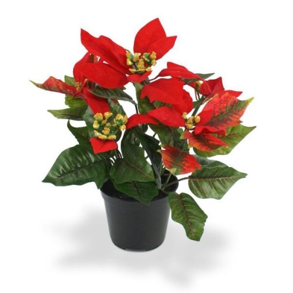 Bloeiende kunstplanten Poinsettia kunstplant 25 cm rood in pot 2