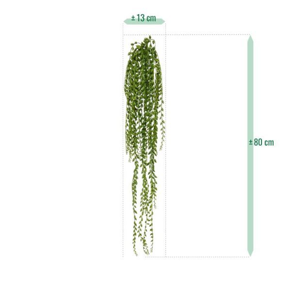  is een succulente variant en een schitterend decoratief kunstplantje. Dit soort heeft kleine ovale bolletjes die in mooie slierten hangen. De kunst hangplant heeft 20 strengen met een lengte van ongeveer 100 cm