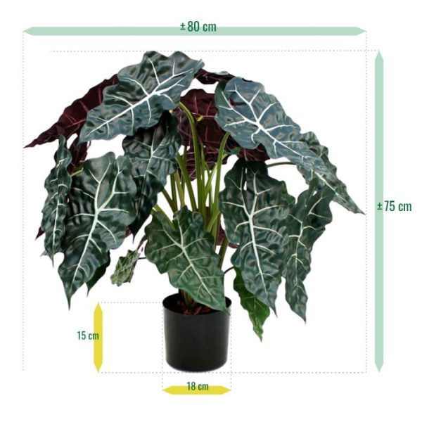 Alocasia-75-cm-kunstplant-3 net als het echte model. De onderzijde van het blad is donkerrood