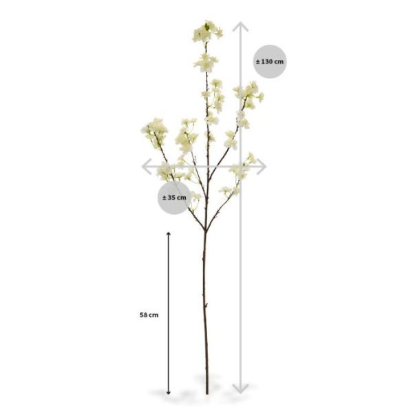 Kunstbloemen wanneer u maar wilt. U kunt deze kunsttak ook als Paastak gebruiken of samen met anderen in een arrangement of thema decoratie. De natuurgetrouwe bloesemtak heeft 74 kleine bloemetjes met delicaat nagemaakte stampertjes en een groen-geel hartje. De steel heeft een mooie hout structuur. De lengte van de kunsttak is ruim 130 cm. De breedte bedraagt ongeveer 35 cm en tevens in roze verkrijgbaar. Vanaf 6 stuks profiteert u van een korting op de prijs.