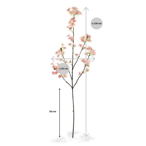 wanneer u maar wilt. U kunt deze kunsttak ook als Paastak gebruiken of samen met anderen in een arrangement of thema decoratie. De natuurgetrouwe bloesemtak heeft 74 kleine bloemetjes met delicaat nagemaakte stampertjes en een vleug roze op het bloem blad. De steel heeft een mooie hout structuur. De lengte van de kunsttak is ruim 130 cm. De breedte bedraagt ongeveer 35 cm en tevens in crème verkrijgbaar. Vanaf 6 stuks profiteert u van een korting op de prijs.