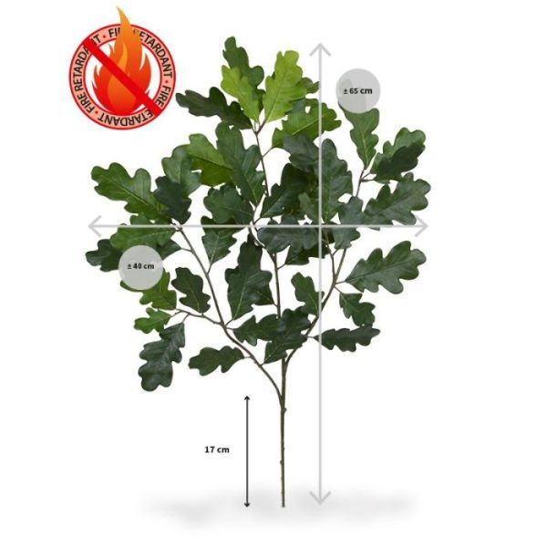 Deze brandvertragende Eiken kunsttak 65 cm dient als basis voor vele toepassingen. De kunstzijden eikenblaadjes zijn gemaakt op basis van het echte eikenblad en krijgen hierdoor een natuurlijk tintje mee. De lengte van deze nagemaakte Eiken Tak is ongeveer 65 cm en de breedte bedraagt ongeveer 40 cm. Standaard wordt de tak los geleverd zodat ze makkelijk te verwerken zijn tot complete op maat gemaakte Eikenbomen. Er zijn vele mogelijkheden denkbaar