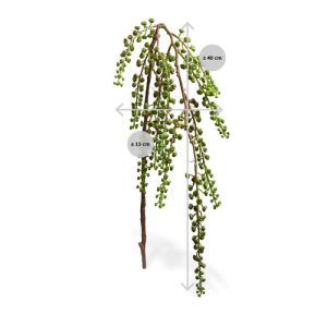 Wat een vrolijke leukerd in deze kunsttak met Karmozijnbessen in groene kleur. De Westerse variant van de karmozijnbes (Phytolacca americana) komt uit Noord-Amerika en kenmerkt zich door trossen bessen die hangen. De groene kleur betekent dat de vruchten
