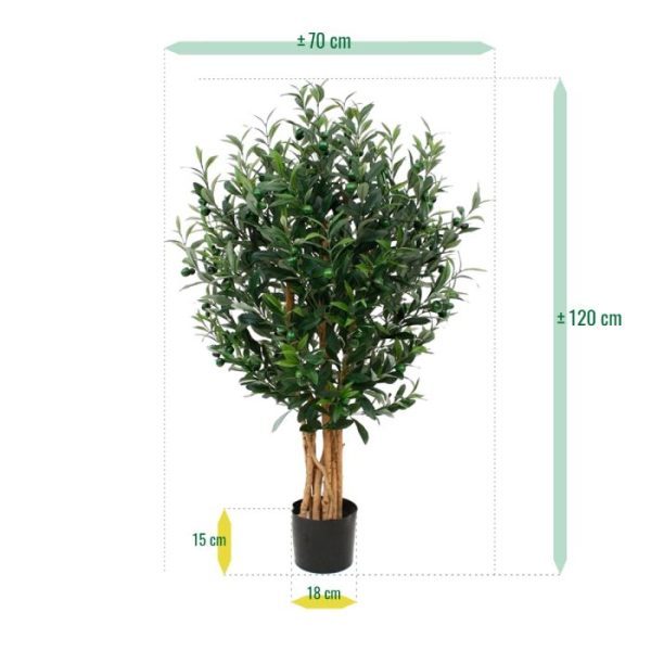 Kunst-Olijfboom-Deluxe-120-cm-3 gecombineerd met 156 kunst Olijf vruchten. Door het volle model laat de Olijfboom deluxe zich perfect presenteren in een hoge sierpot. Standaard wordt de Olijf in een plastic binnenpot geleverd.