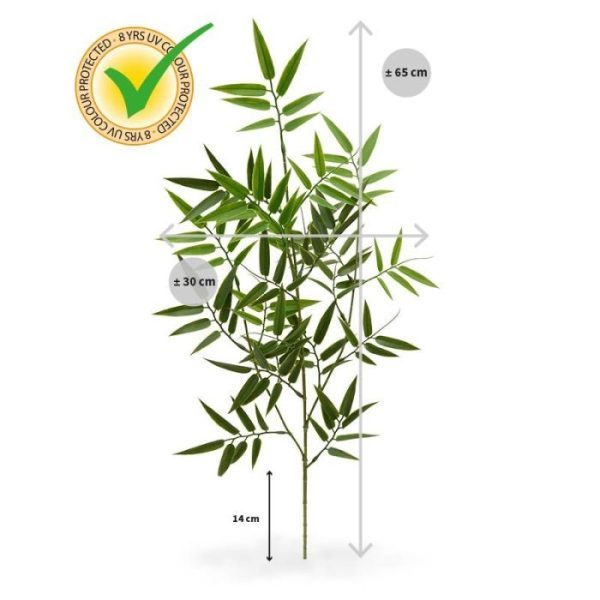 Kunststof Bamboe Tak 65 cm UV Deze kunststof en UV bestendige Bamboe Tak 65 cm dient als basis voor vele toepassingen. De kunststof bamboeblaadjes zijn gemaakt op basis van het echte bamboeblad en krijgen hierdoor een natuurlijk tintje mee. De lengte van deze nagemaakte Bamboe Tak is ongeveer 65 cm en de breedte bedraagt ongeveer 30 cm. Standaard wordt de tak los geleverd zodat ze makkelijk te verwerken zijn in arrangementen of met meerdere tot complete Bamboebomen. Er zijn vele mogelijkheden denkbaar