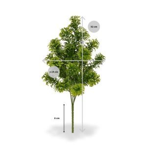 Dit kunststof Mos Boeket 20 cm is met zijn zeer verfijnde takjes de perfecte basis voor een decoratief tafel- of vensterbank plantje in de horeca. Een ideaal kunstplantje om een sierpotje of mooie schaal mee op te steken!   Aan elke tak zitten 5 zeer gedetailleerd nagemaakte blad toeven. De hoogte van het kunst mos is inclusief steel ongeveer 32 cm en breedte is ongeveer 15 cm.   In deze uitvoering wordt de plastic steker geleverd als los boeket