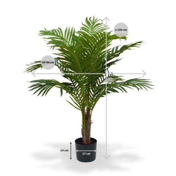 bestaat uit meerdere kunststof halmen welke zijn omgeven door echt palmhout en is opgepot in een in plastic pot