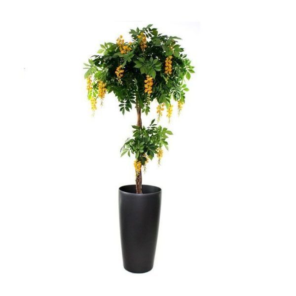 Wisteria-Kunstboom-Deluxe-185-cm-geel-3 is deze kleurrijke kunstboom een zeer fraaie aanvulling in een open ruimte