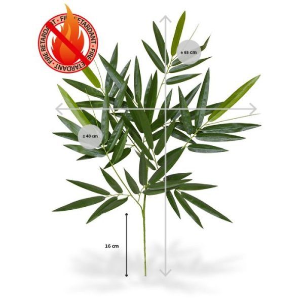 Brandvertragende Bamboe Kunsttak 60 cm FR Deze brandvertragende Bamboe Tak 60 cm dient als basis voor vele toepassingen. De kunstzijden bamboeblaadjes zijn gemaakt op basis van het echte bamboeblad en krijgen hierdoor een natuurlijk tintje mee. De lengte van deze nagemaakte Bamboe Tak is ongeveer 65 cm en de breedte bedraagt ongeveer 40 cm. Standaard wordt de tak los geleverd zodat ze makkelijk te verwerken zijn in arrangementen of met meerdere tot complete Bamboebomen. Er zijn vele mogelijkheden denkbaar