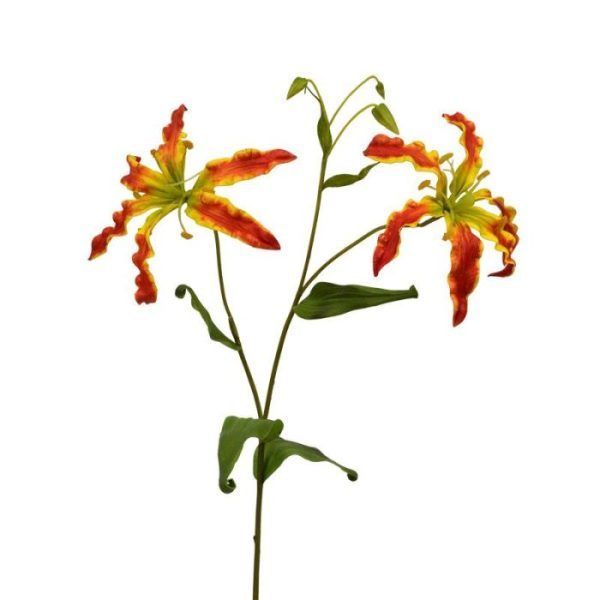 een natuurgetrouwe steel van waaruit 2 prachtige geel / rode bloemen ontspringen met elk 6 kroonbladeren
